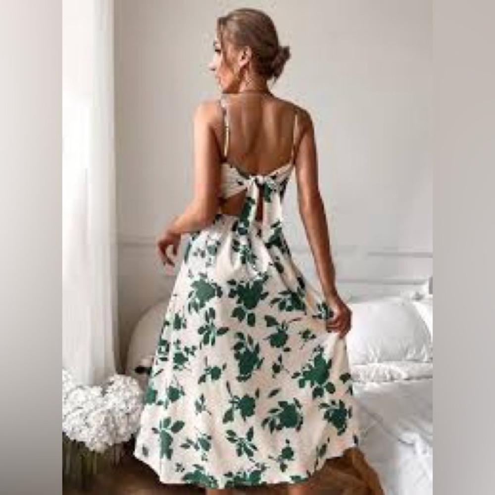 SHEIN Green Floral Midi Dress Size L NWOT Twist Front Summer Wedding Guest